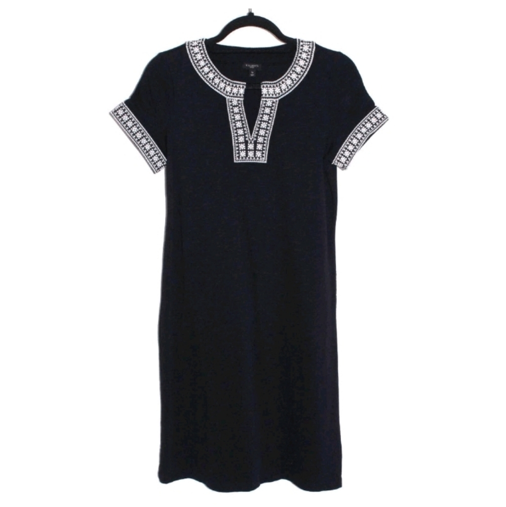 Black Tunic Dress with White Embroidery 100% Cotton Size Medium